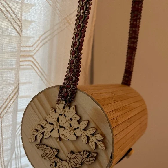 Handmade Bamboo Cylinder Handbag with Burgundy and Gold Cross body strap. - Picture 2 of 5